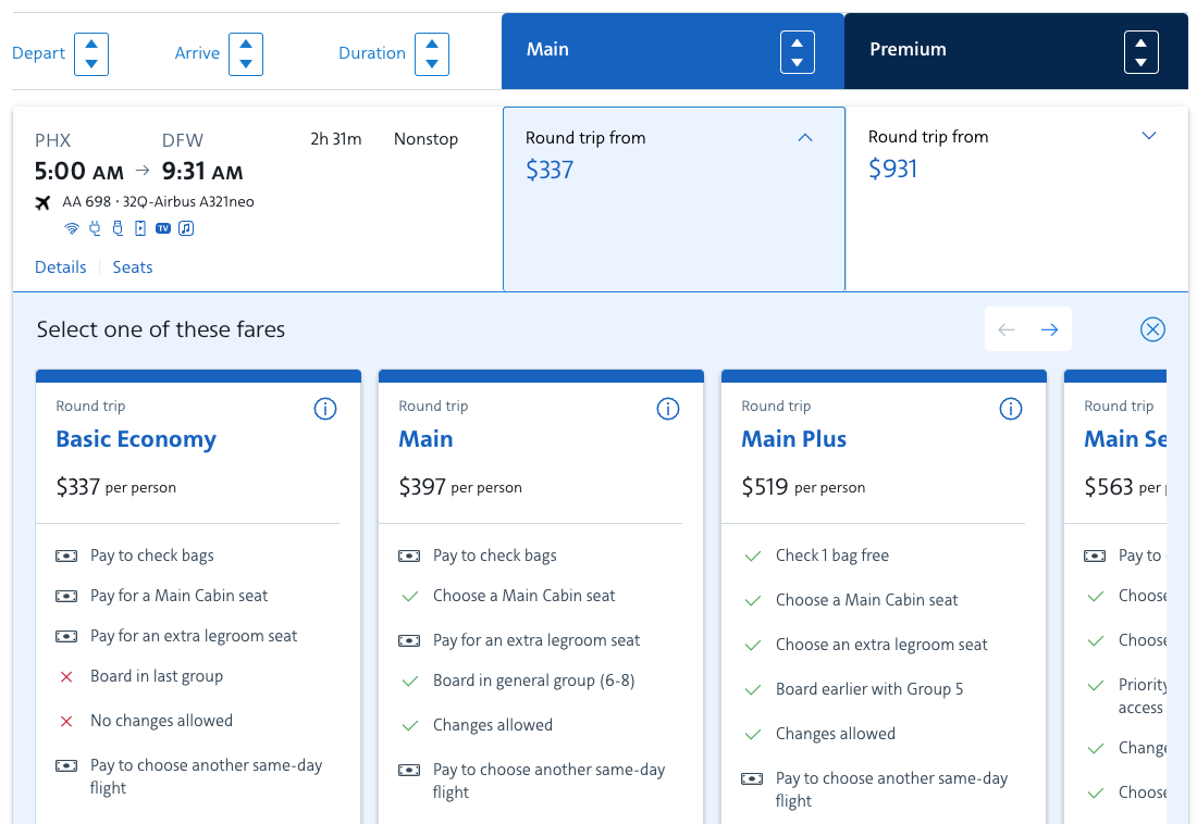 american basic fares